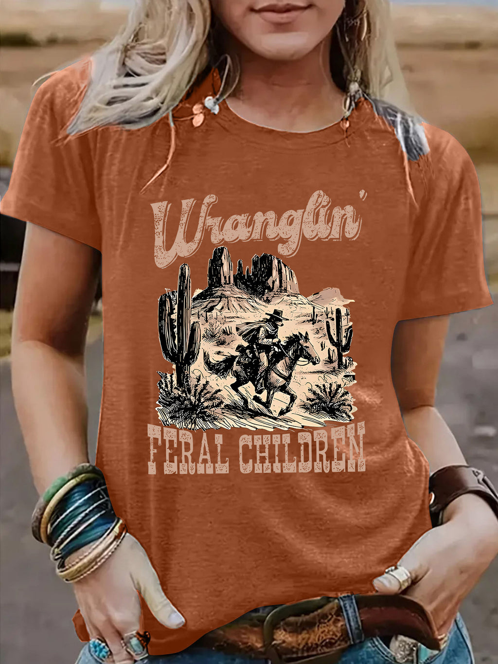 Western Wranglin Feral Children  pattern round neck short sleeved shirt