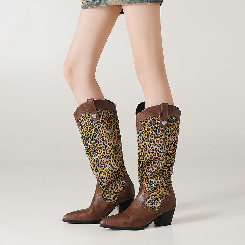 Retro Style Patchwork Pointed Toe Western Boots  Chunky Heel High Shaft Western Cowboy Boots Made to order, ships in 7 days
