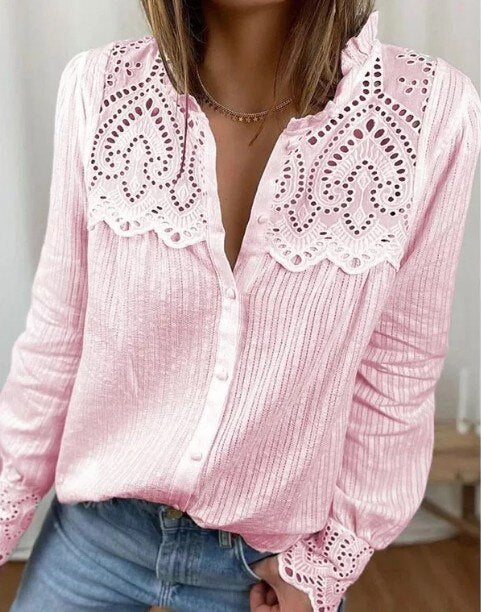 Loose pure cotton  new lace round neck long sleeve women's blouse