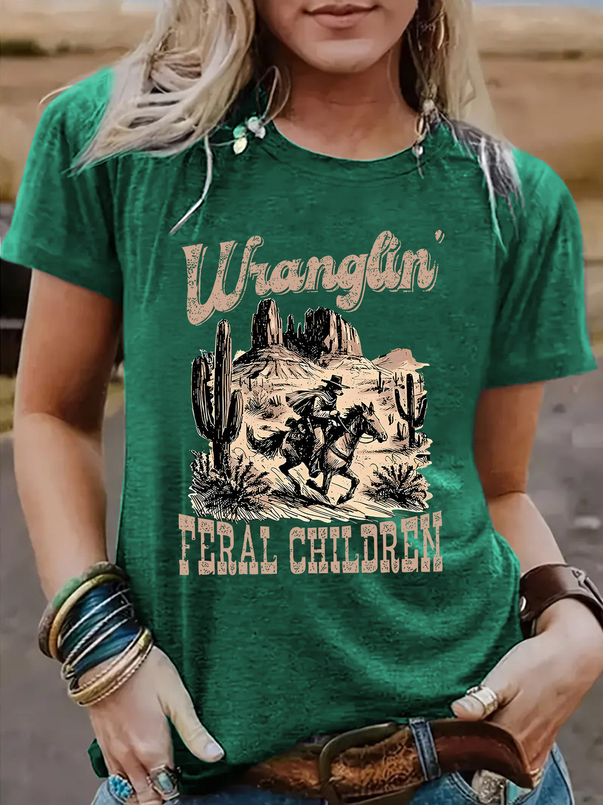 Western Wranglin Feral Children  pattern round neck short sleeved shirt