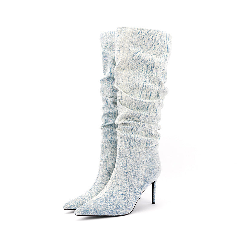 Womens Denim Jeans Mid Calf Boots Stilettos High Heel Shoes Pointed Toe