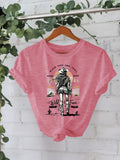 Western denim print round neck loose short sleeved shirt
