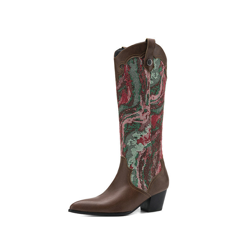 Retro Style Patchwork Pointed Toe Western Boots  Chunky Heel High Shaft Western Cowboy Boots Made to order, ships in 7 days