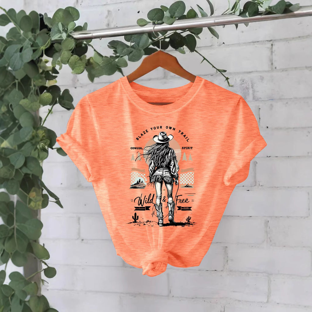 Western denim print round neck loose short sleeved shirt
