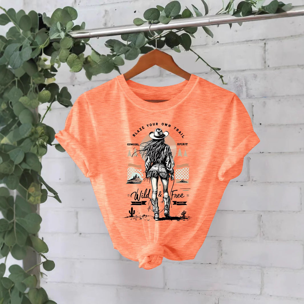 Western denim print round neck loose short sleeved shirt