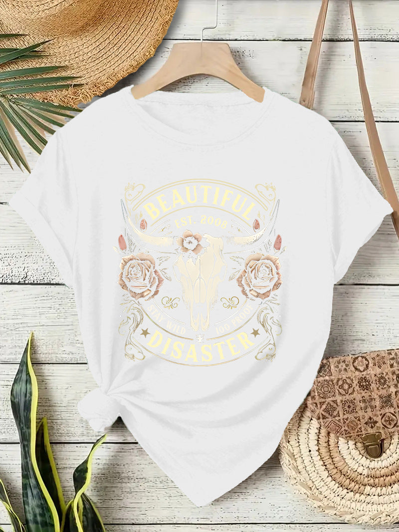 Short sleeved women's T-shirt with Western denim pattern