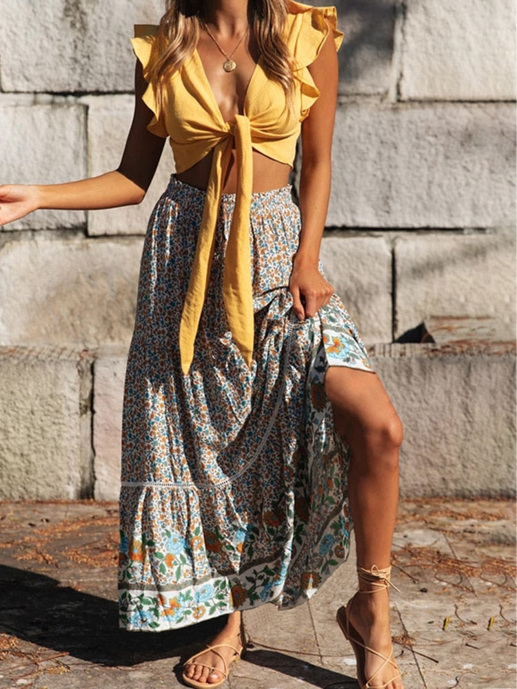 High Waisted Long Skirts A-line Full Skirt Floral Print Drawstring Lace-Up Maxi