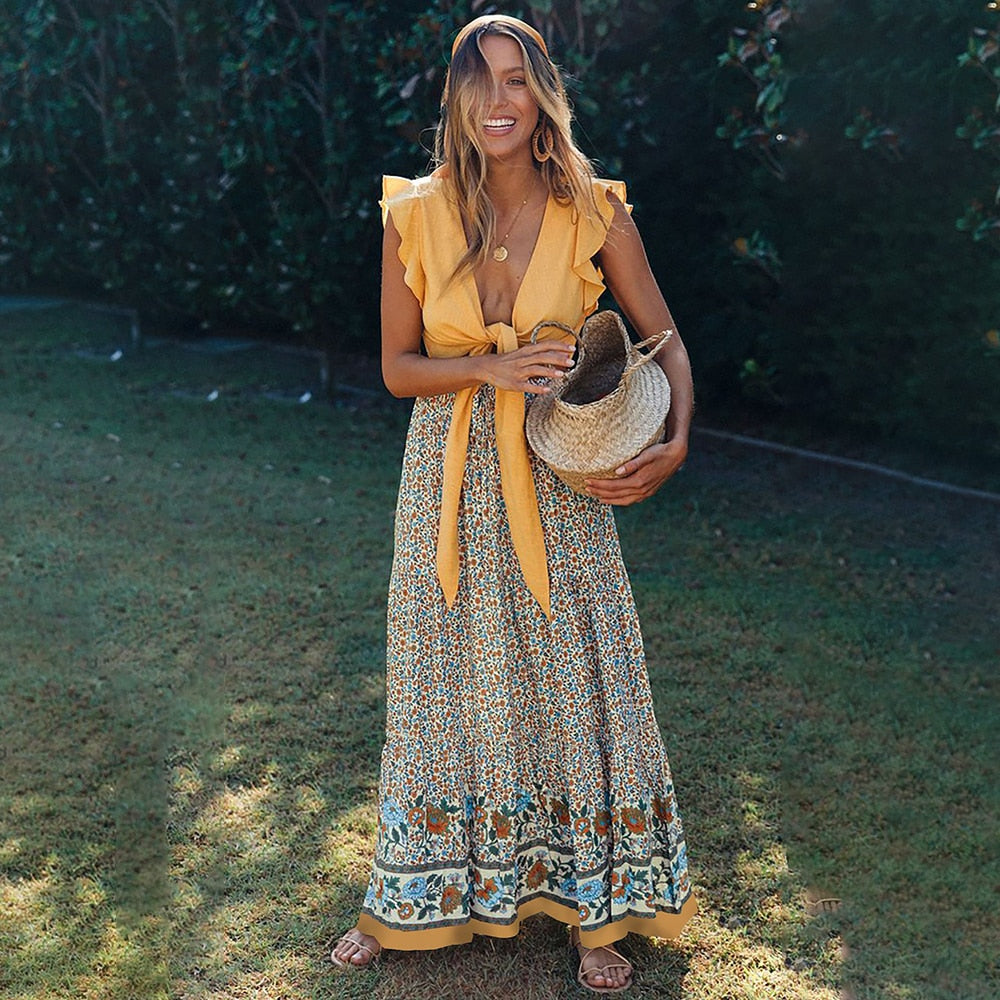 High Waisted Long Skirts A-line Full Skirt Floral Print Drawstring Lace-Up Maxi