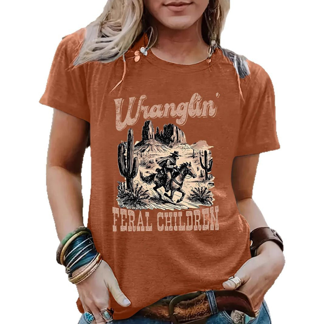 Western Wranglin Feral Children  pattern round neck short sleeved shirt