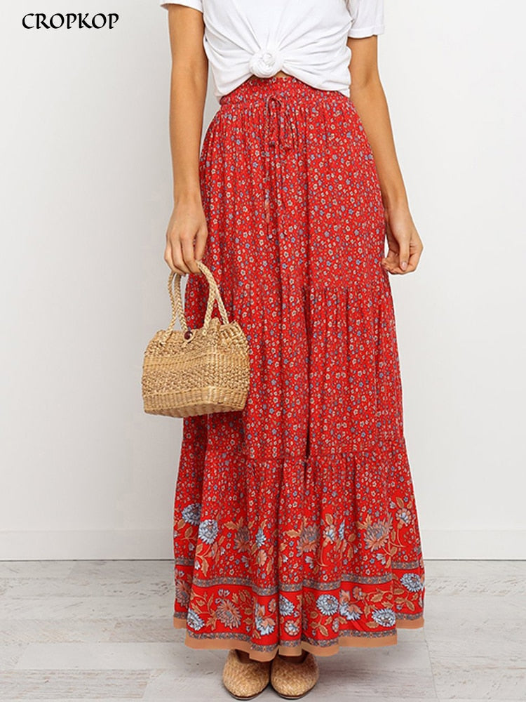 High Waisted Long Skirts A-line Full Skirt Floral Print Drawstring Lace-Up Maxi