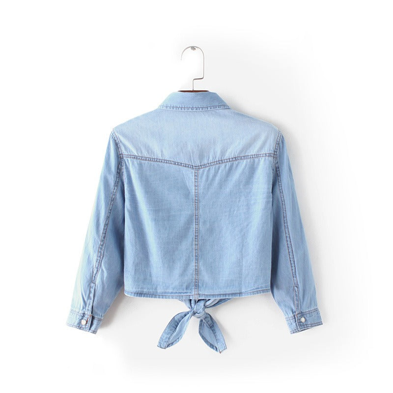 Lacing and Knotting  Medium Sleeved Thin Shawl Denim Shirt for Women