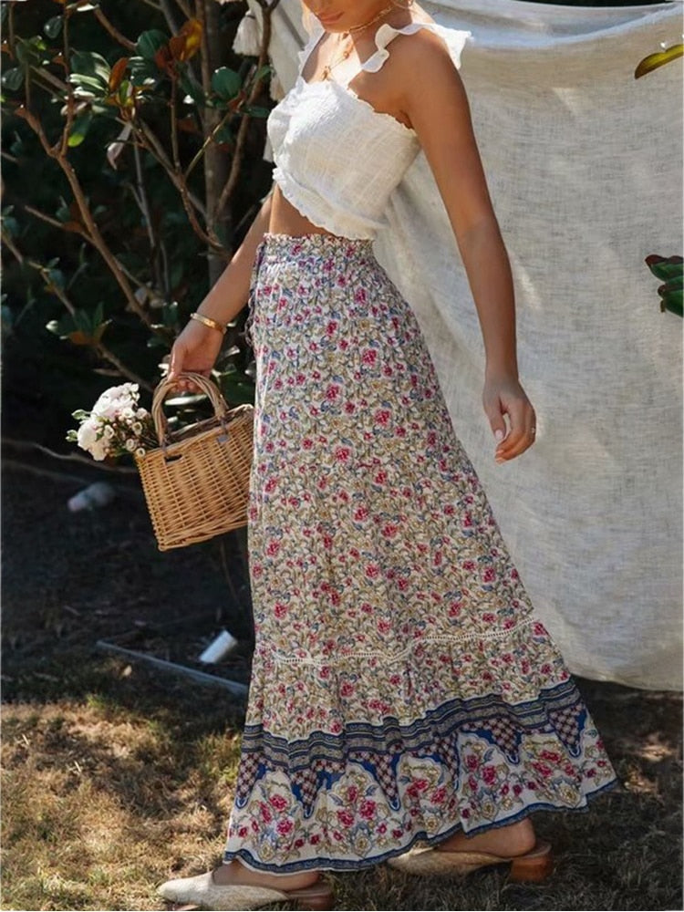 High Waisted Long Skirts A-line Full Skirt Floral Print Drawstring Lace-Up Maxi