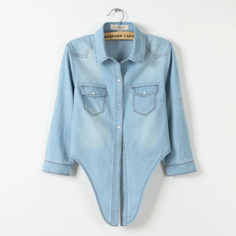 Lacing and Knotting  Medium Sleeved Thin Shawl Denim Shirt for Women