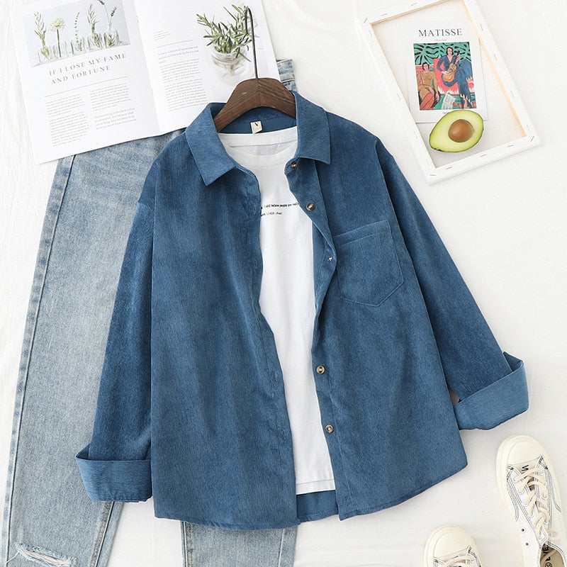 Corduroy  Solid Loose Boyfriend Style Shirt