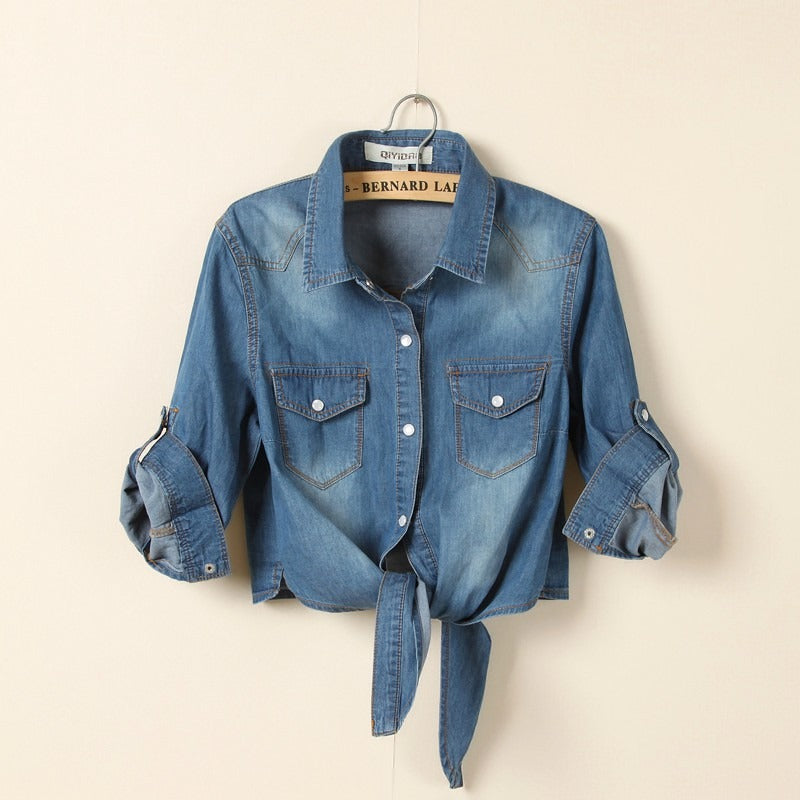 Lacing and Knotting  Medium Sleeved Thin Shawl Denim Shirt for Women
