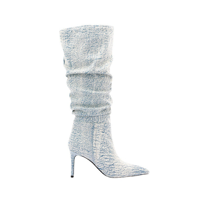 Womens Denim Jeans Mid Calf Boots Stilettos High Heel Shoes Pointed Toe