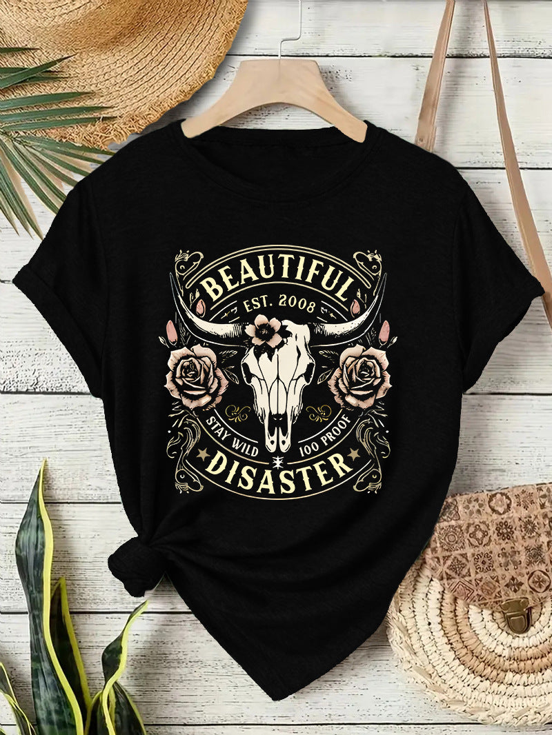Short sleeved women's T-shirt with Western denim pattern