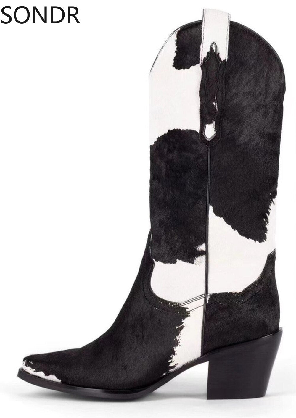 Womens Pointed Toe Real Horse Fur Mid Calf Boots Chunky Heel Shoes Genuine Leather Chelsea Western Cowboy