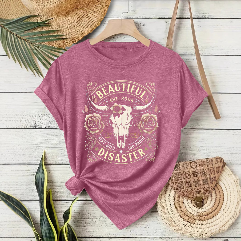 Short sleeved women's T-shirt with Western denim pattern