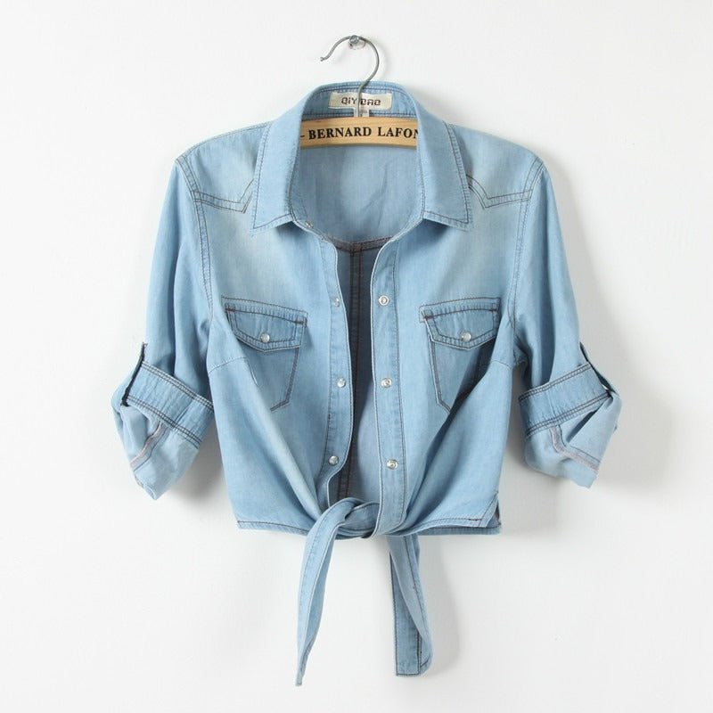 Lacing and Knotting  Medium Sleeved Thin Shawl Denim Shirt for Women