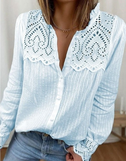 Loose pure cotton  new lace round neck long sleeve women's blouse