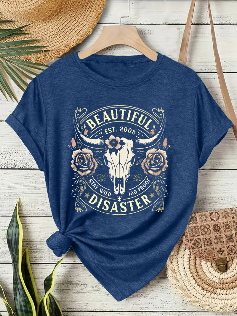 Short sleeved women's T-shirt with Western denim pattern