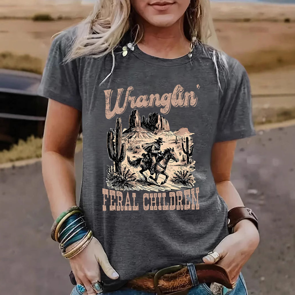 Western Wranglin Feral Children  pattern round neck short sleeved shirt