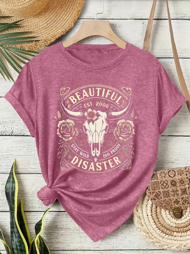 Short sleeved women's T-shirt with Western denim pattern