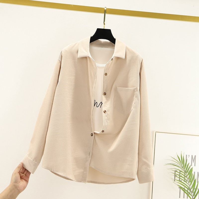 Corduroy  Solid Loose Boyfriend Style Shirt