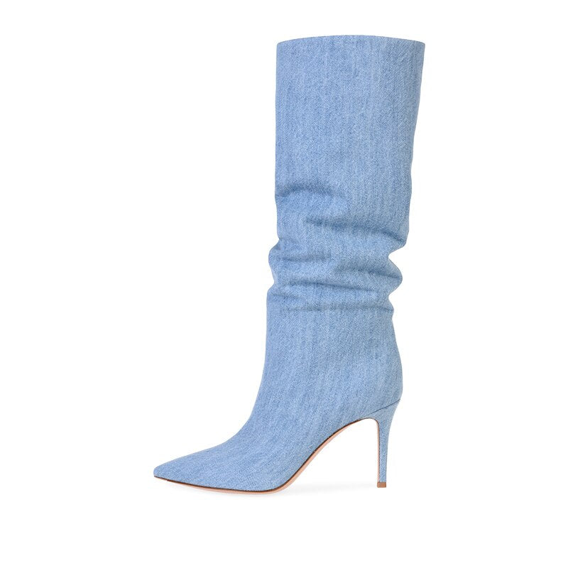Pointed Toe High Heel Denim Knee High Slouchy Boots