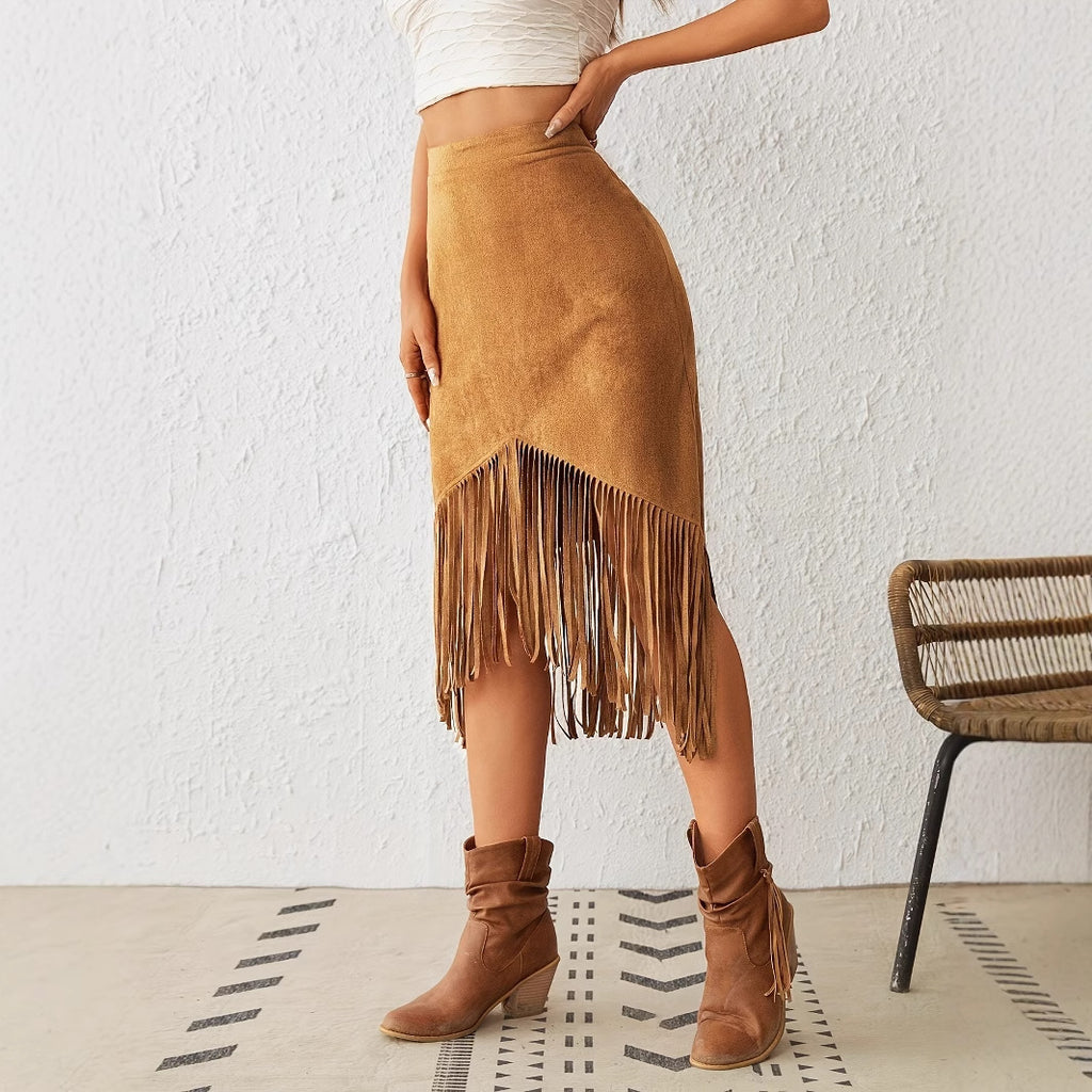 Western Style Faux Suede Fringe High Waist A-Line Skirt