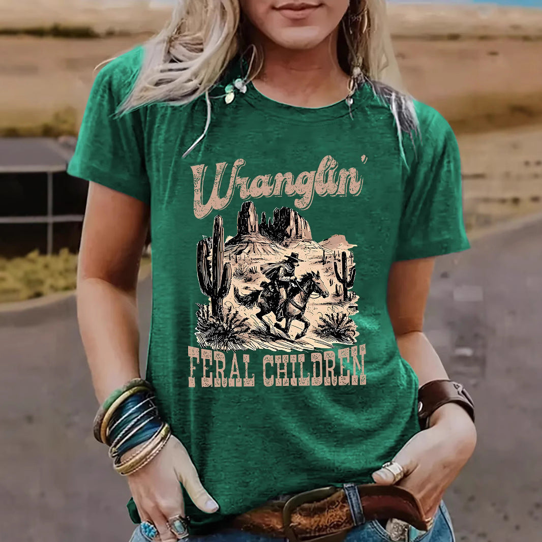 Western Wranglin Feral Children  pattern round neck short sleeved shirt