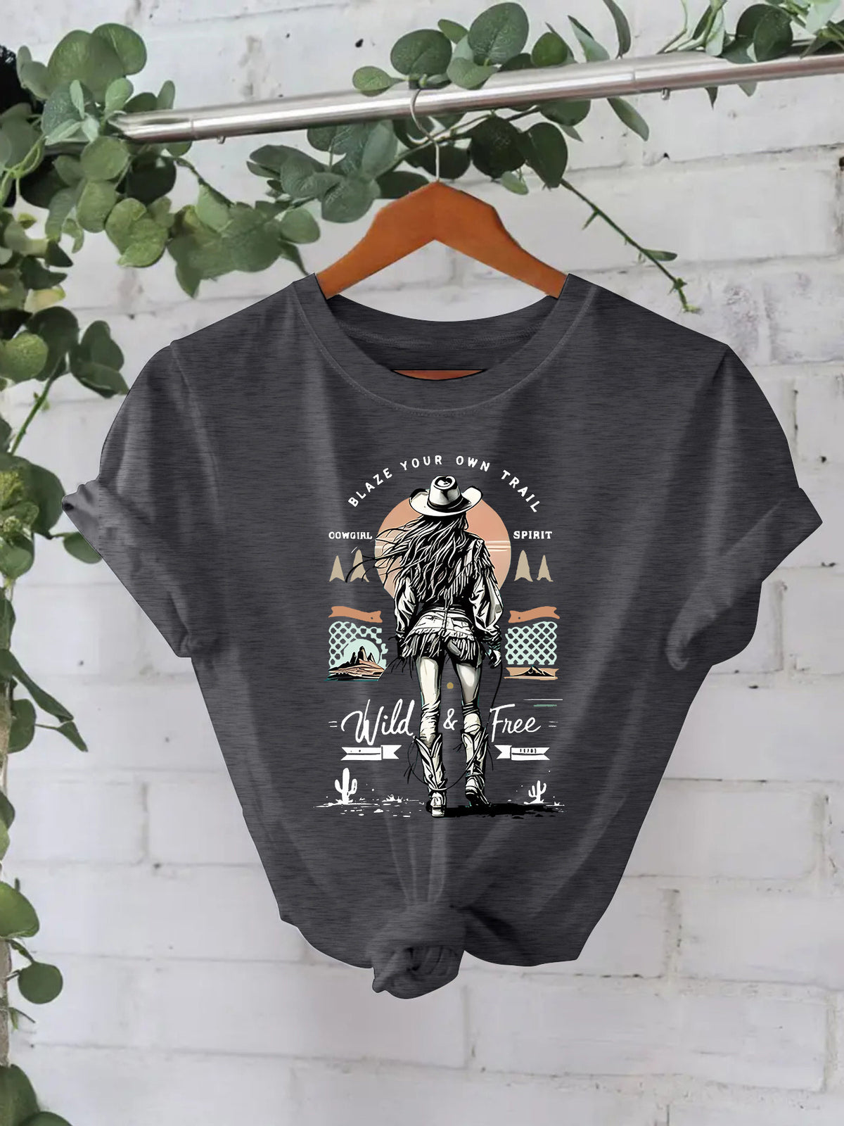 Western denim print round neck loose short sleeved shirt