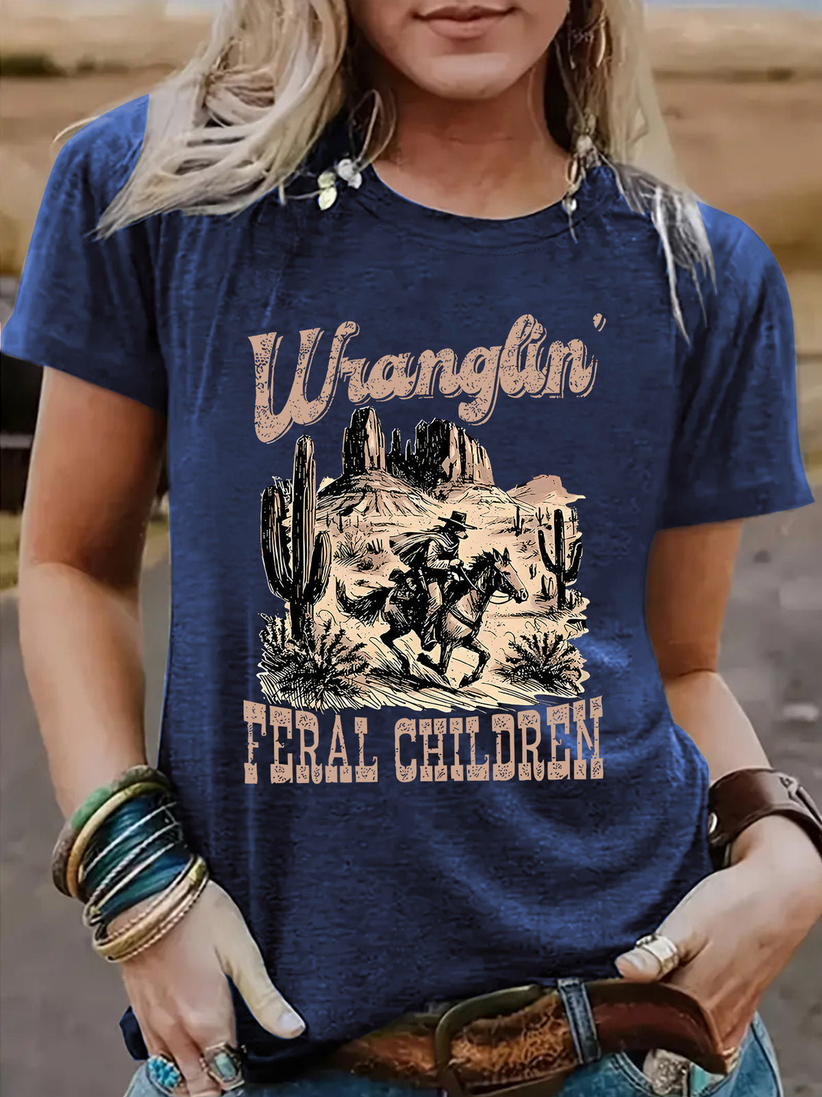Western Wranglin Feral Children  pattern round neck short sleeved shirt