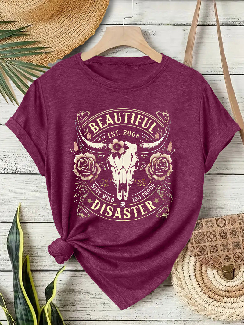 Short sleeved women's T-shirt with Western denim pattern