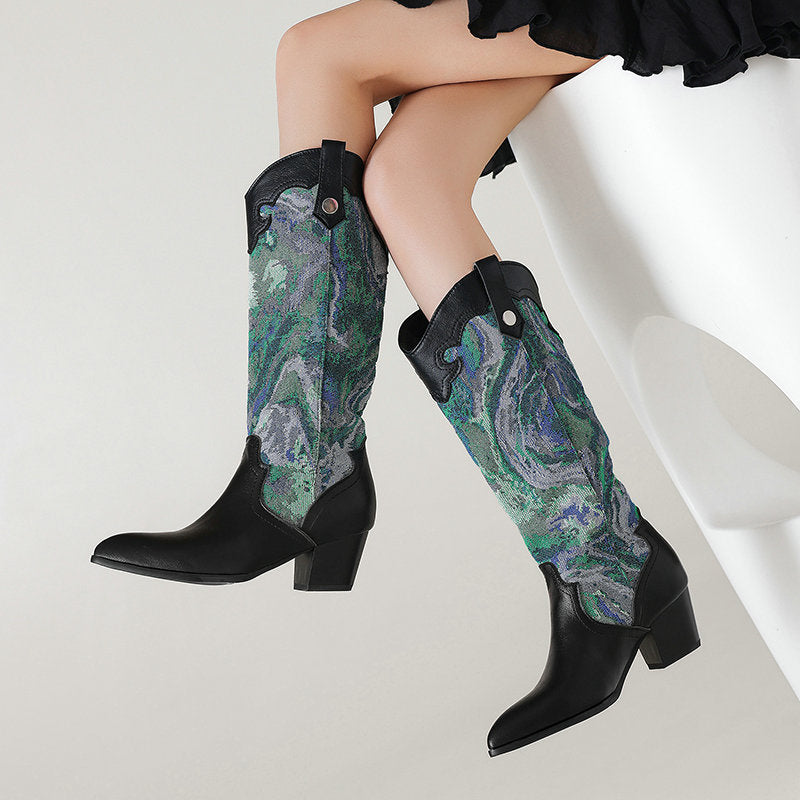 Retro Style Patchwork Pointed Toe Western Boots  Chunky Heel High Shaft Western Cowboy Boots Made to order, ships in 7 days