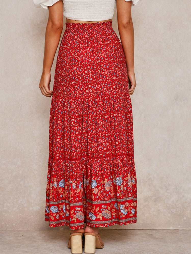 High Waisted Long Skirts A-line Full Skirt Floral Print Drawstring Lace-Up Maxi