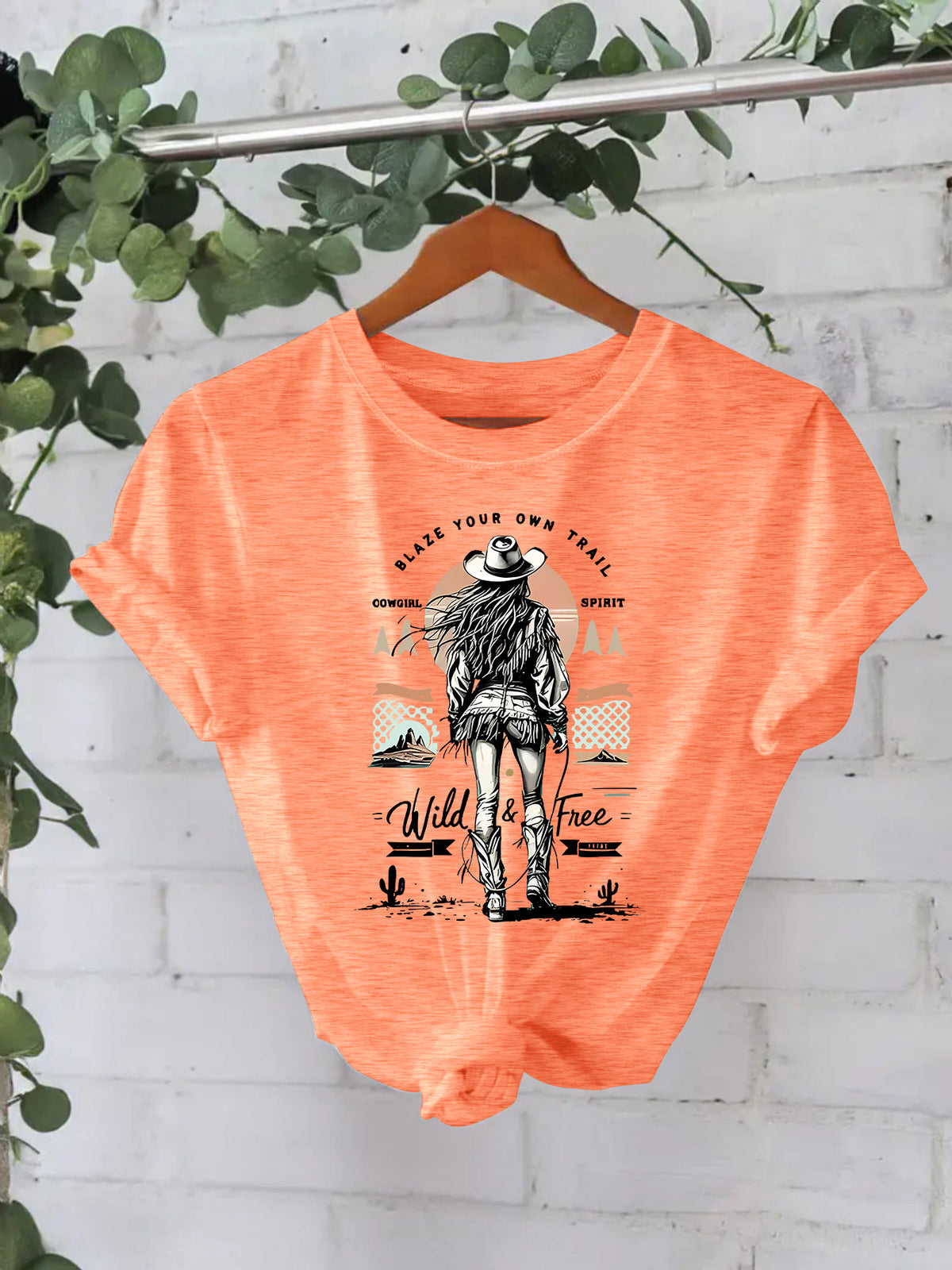 Western denim print round neck loose short sleeved shirt