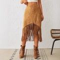 Western Style Faux Suede Fringe High Waist A-Line Skirt