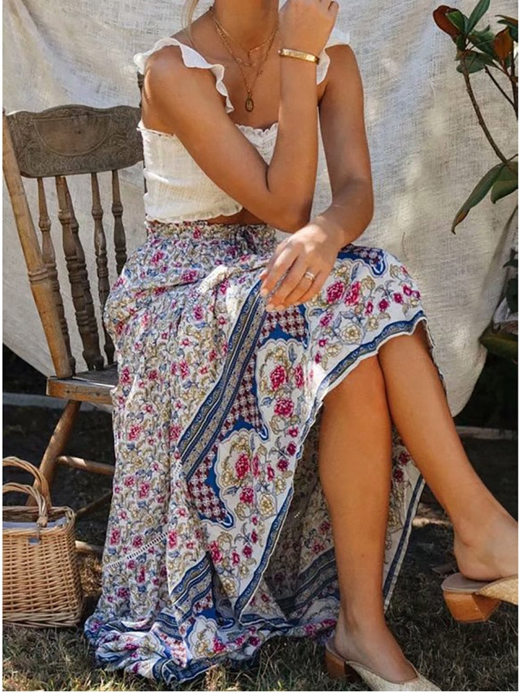 High Waisted Long Skirts A-line Full Skirt Floral Print Drawstring Lace-Up Maxi