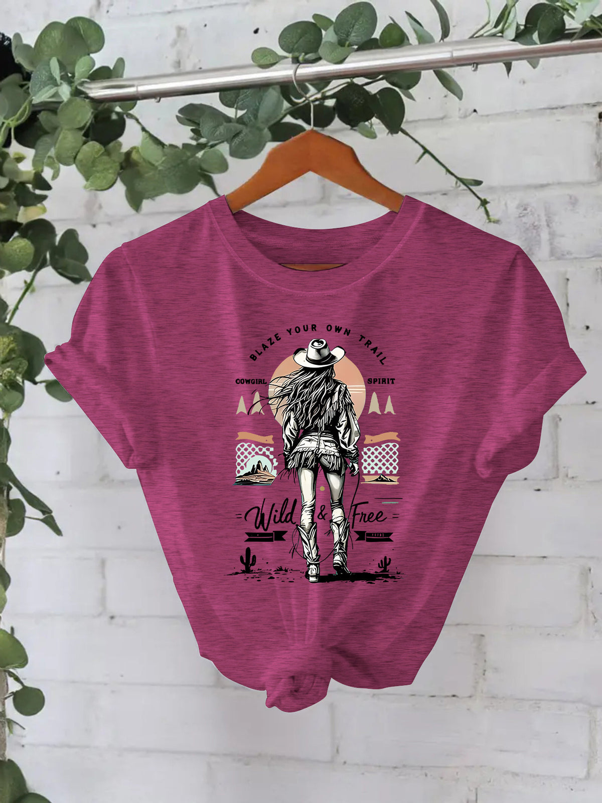 Western denim print round neck loose short sleeved shirt