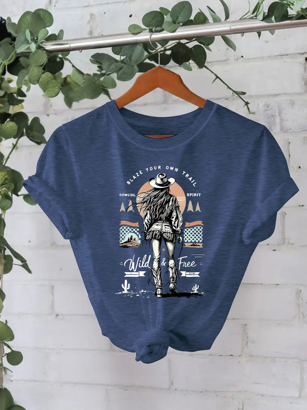 Western denim print round neck loose short sleeved shirt