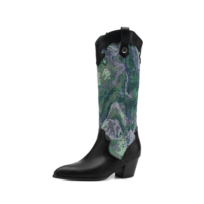 Retro Style Patchwork Pointed Toe Western Boots  Chunky Heel High Shaft Western Cowboy Boots Made to order, ships in 7 days