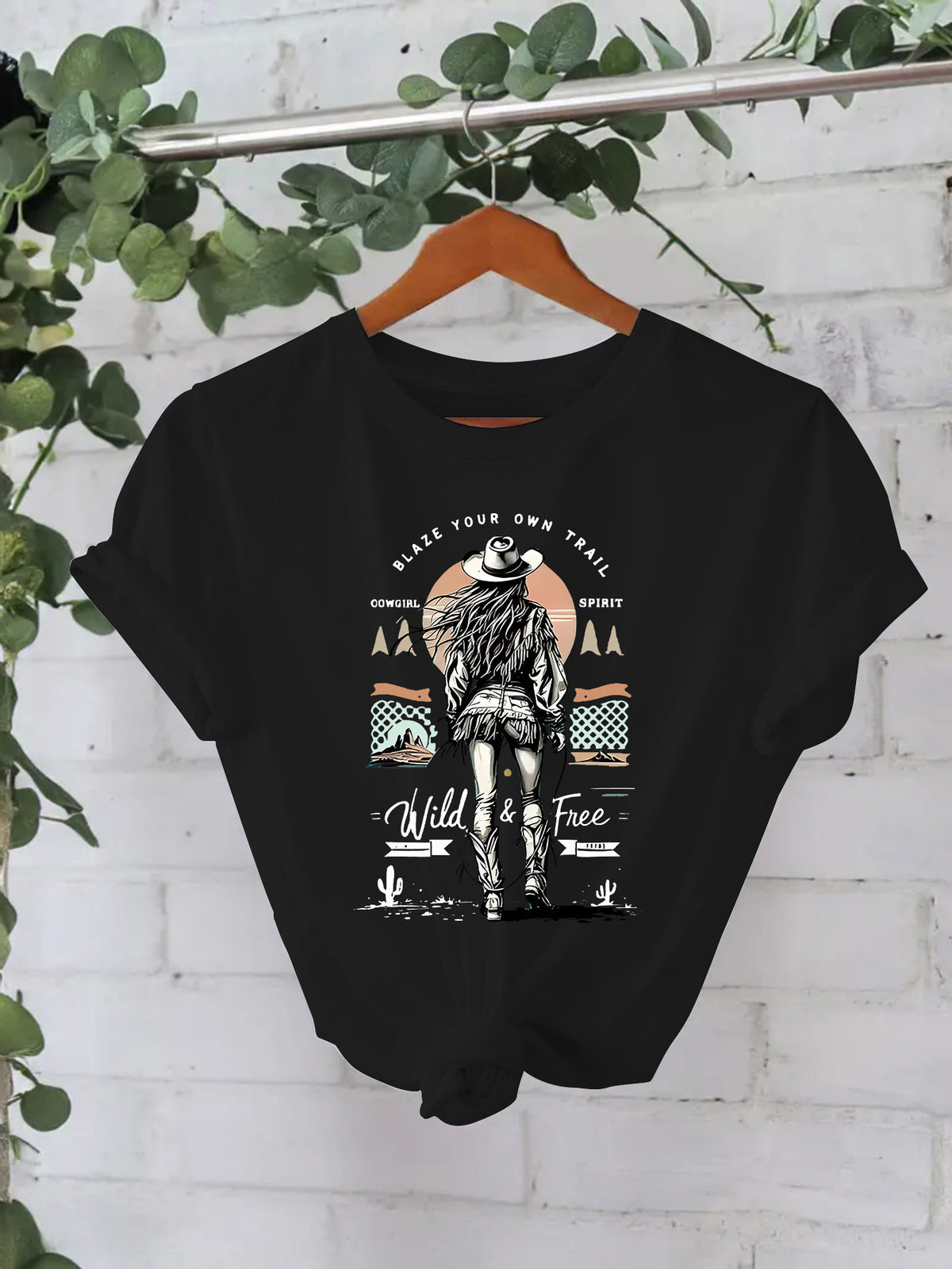 Western denim print round neck loose short sleeved shirt