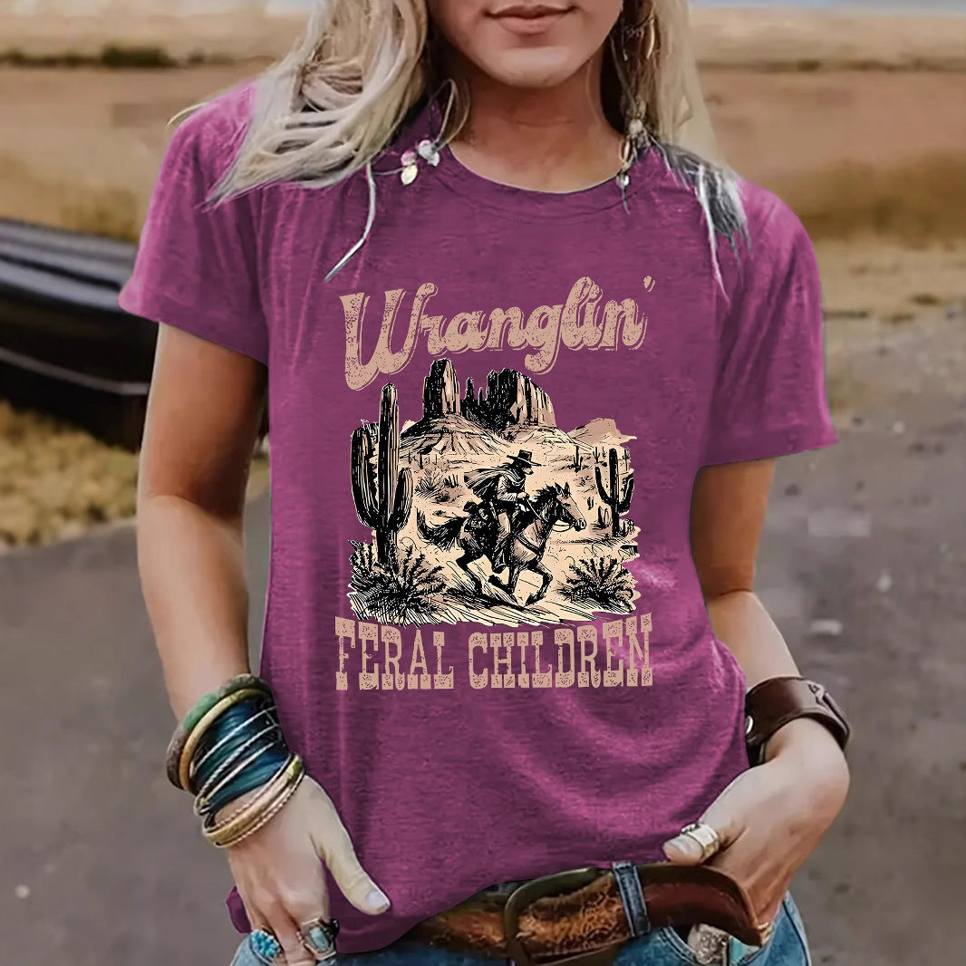 Western Wranglin Feral Children  pattern round neck short sleeved shirt