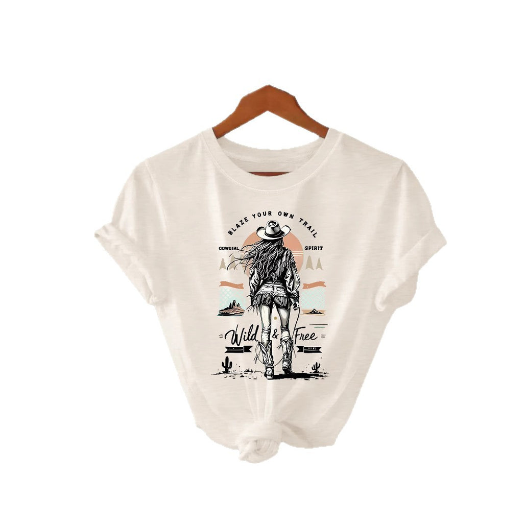 Western denim print round neck loose short sleeved shirt