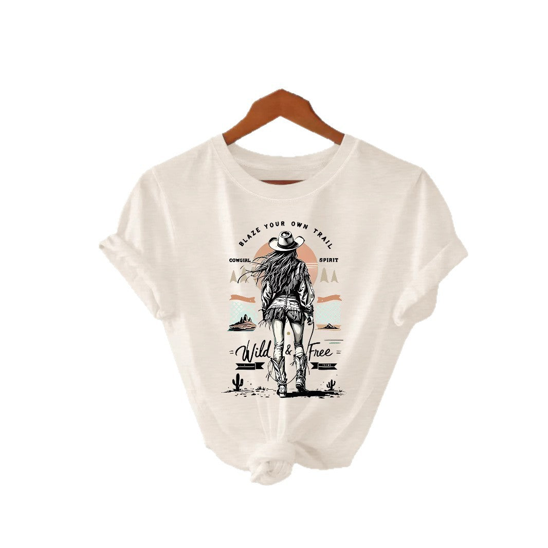 Western denim print round neck loose short sleeved shirt