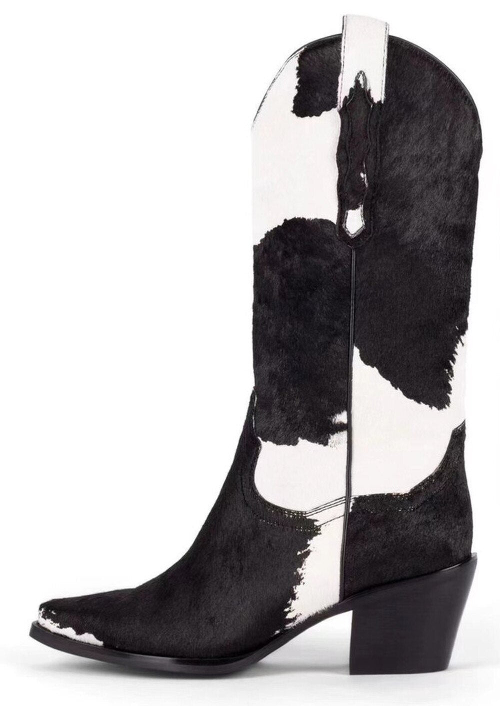 Womens Pointed Toe Real Horse Fur Mid Calf Boots Chunky Heel Shoes Genuine Leather Chelsea Western Cowboy